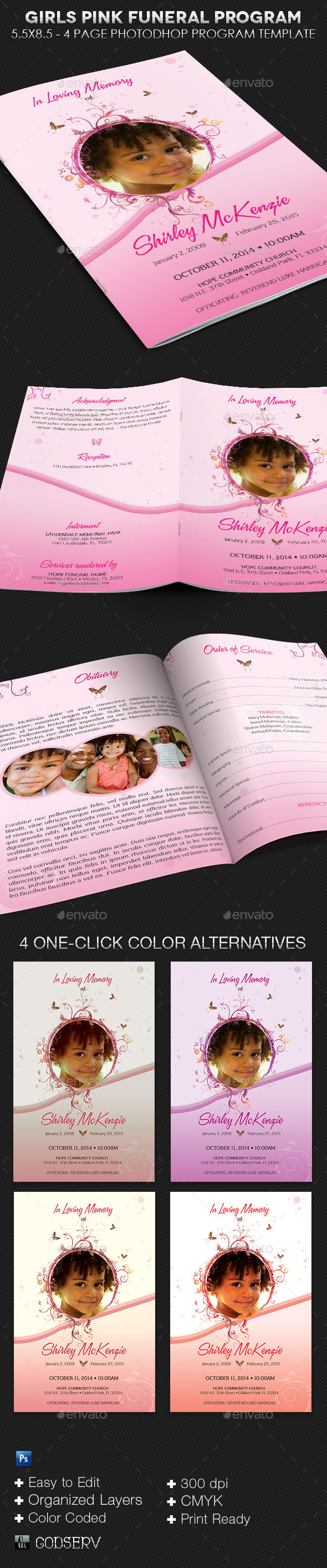 Girls Pink Funeral Program Template - Informational Brochures