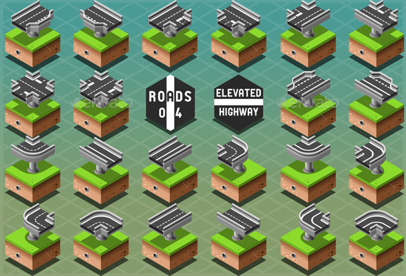 Isometric Elevated Highway on Green Terrain - Buildings Objects