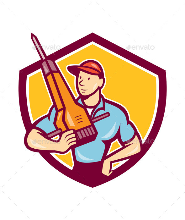 Construction Worker Jackhammer Shield Cartoon - People Characters