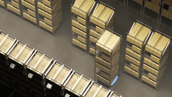 Warehouse industry autonomic robots carrying metal shelves with cardboard boxes. alt