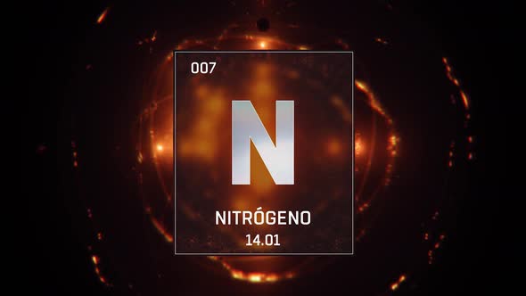Nitrogen as Element 7 of the Periodic Table on Orange Background Spanish 