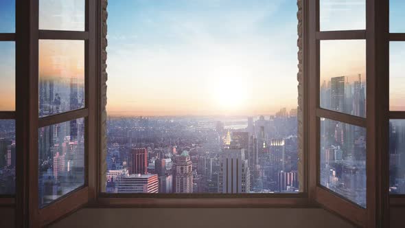 New York City Timelapse At Sunset Seen From A Window Aerial View