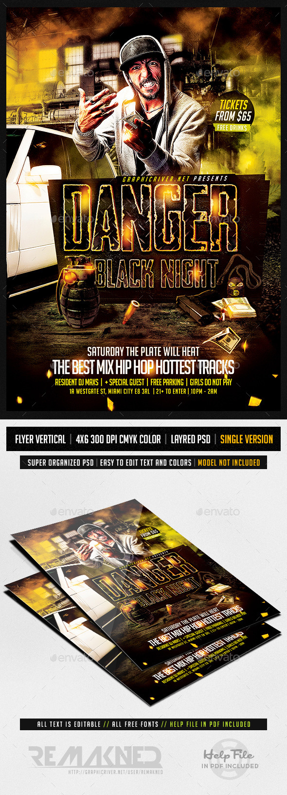 Danger Black Night Hip Hop | Flyer Template PSD - Clubs & Parties Events