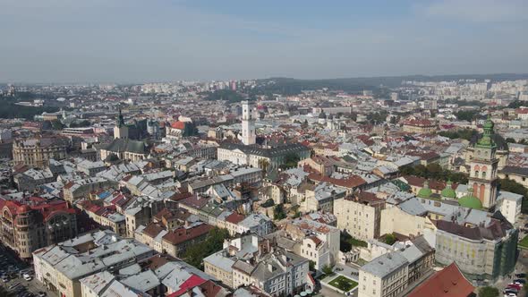 Aerial Shot The City Of Lviv. City Hall, Market Square. Ukraine alt