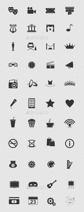 44 Art, Theater and Cinema Flat Icons by ragerabbit | GraphicRiver