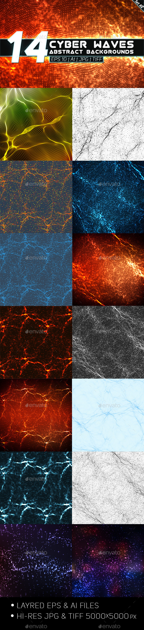 14 Abstract Cyber Waves Backgrounds Set 2 - Technology Conceptual
