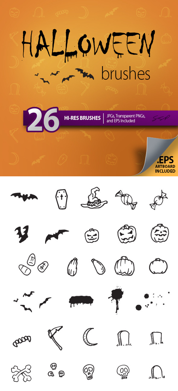 26 Hi-Res Halloween Sketches Brush Set - Brushes Photoshop