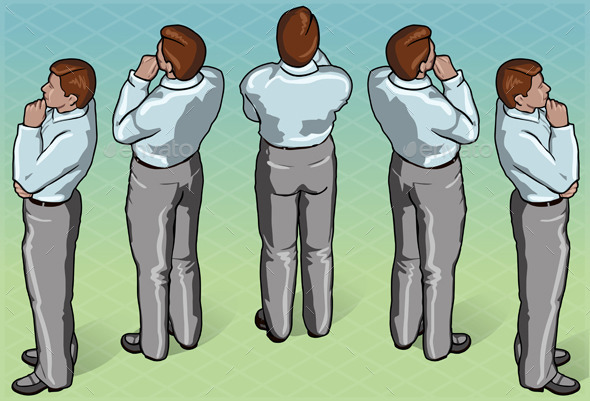 Isometric Thoughtful Standing Man in Rear View - People Characters