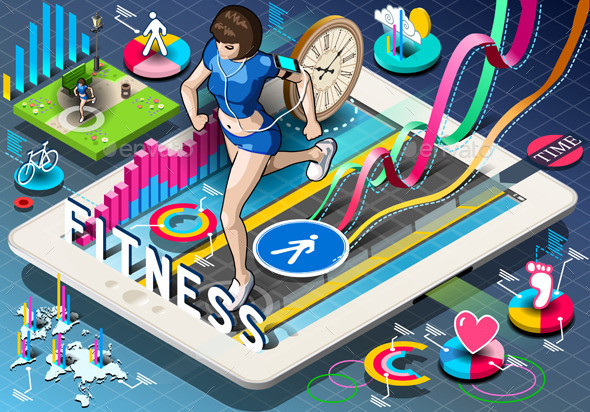 Isometric Infographic with Jogging Woman on Tablet - People Characters