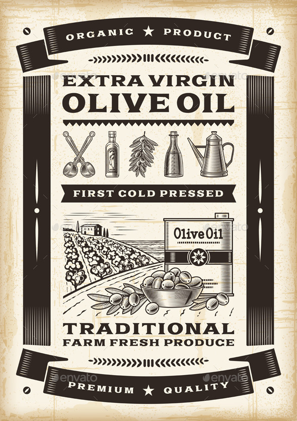 Vintage Olive Oil Poster - Food Objects