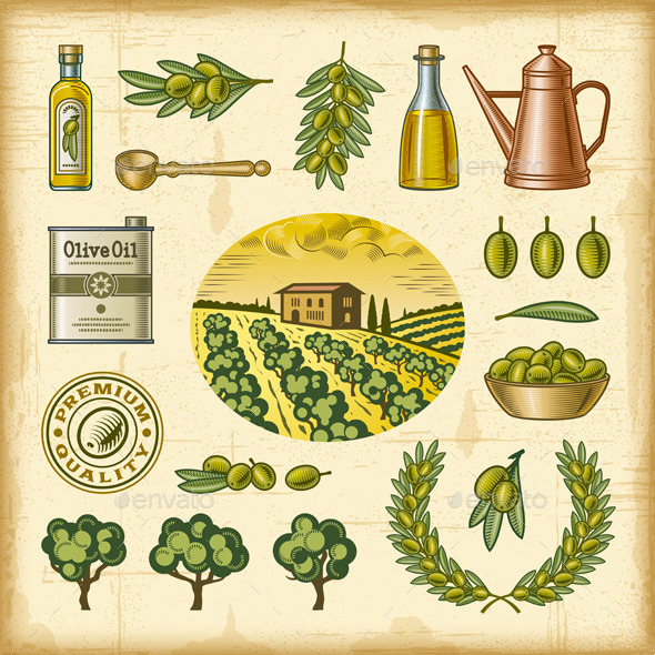 Vintage Colorful Olive Harvest Set - Decorative Symbols Decorative