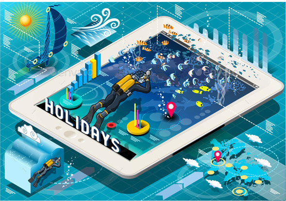 Isometric Diving Holidays Infographic on Tablet - Sports/Activity Conceptual