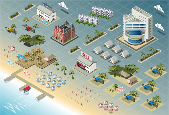 Isometric Miami Seaside Buildings - Buildings Objects