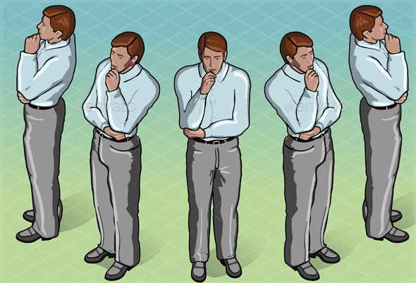Isometric Thoughtful Standing Man in Front View - People Characters
