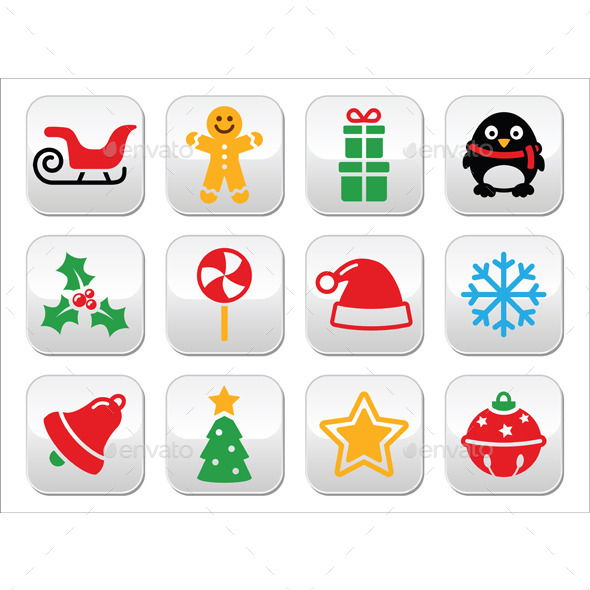 Christmas Buttons Set - Santa, Xmas Tree, Present - Christmas Seasons/Holidays