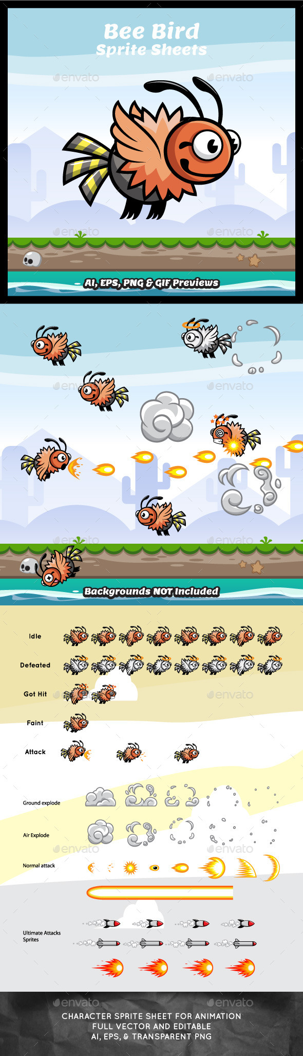 Bee Bird Game Character Sprite Sheets - Sprites Game Assets