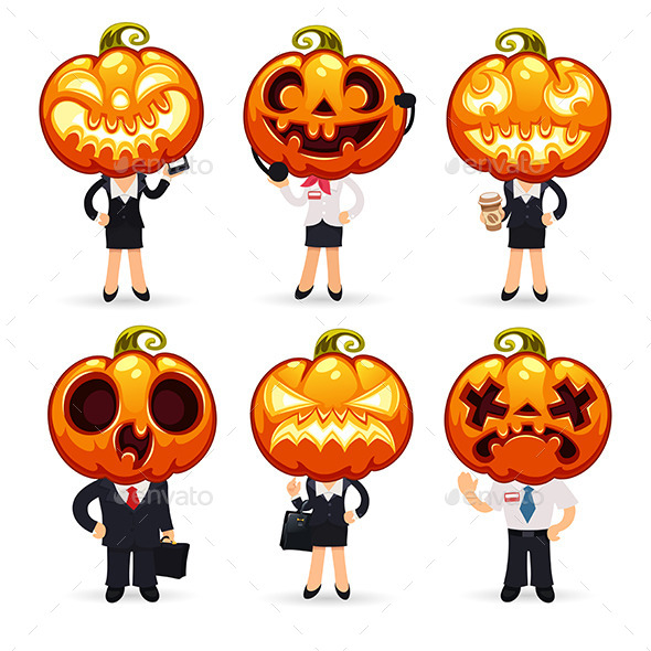 Businessmen With Pumpkins on a Heads - Halloween Seasons/Holidays