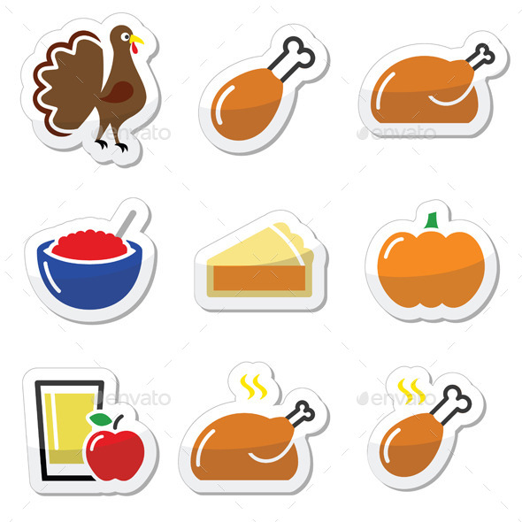 Thanksgiving Day Food Icons Set - Turkey, Pumpkin - Miscellaneous Seasons/Holidays