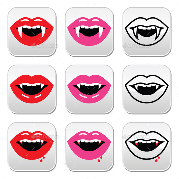 Vampire Mouth, Vampire Teeth Vector Buttons Set - Halloween Seasons/Holidays