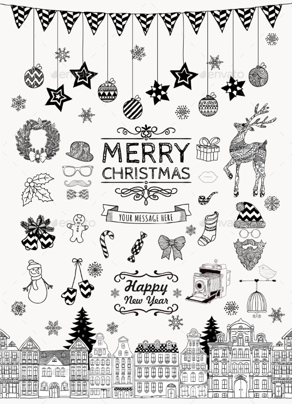 Set of Hand-Drawn Outlined Christmas Doodles - Seasons/Holidays Conceptual