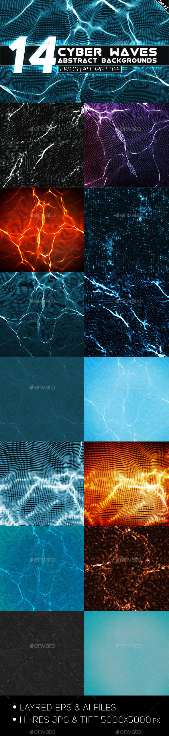 14 Abstract Cyber Waves Backgrounds Set 1 - Technology Conceptual