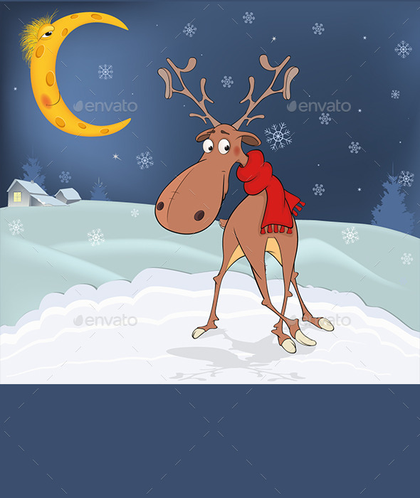 Christmas Card with Reindeer Cartoon - New Year Seasons/Holidays