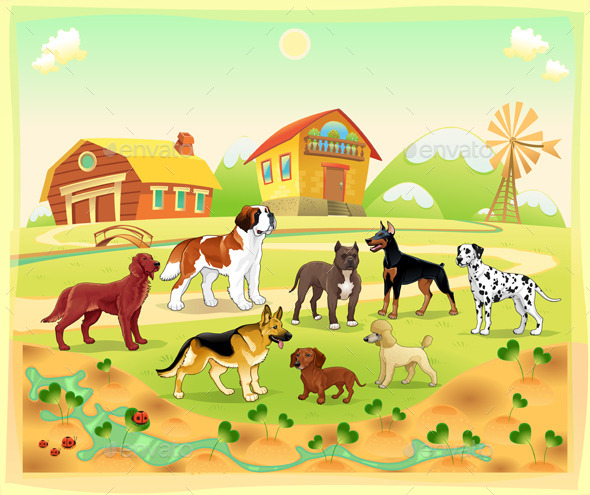 Landscape with Group of Dogs - Animals Characters