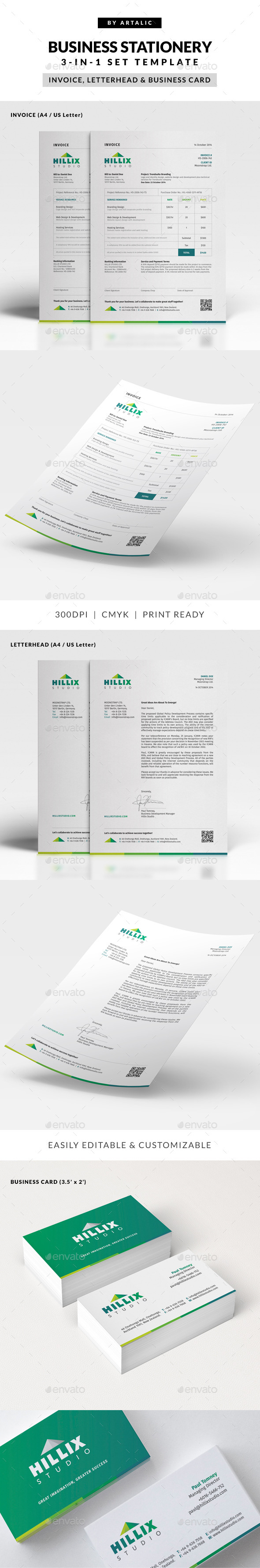 Invoice, Letterhead & Business Card Set - Stationery Print Templates