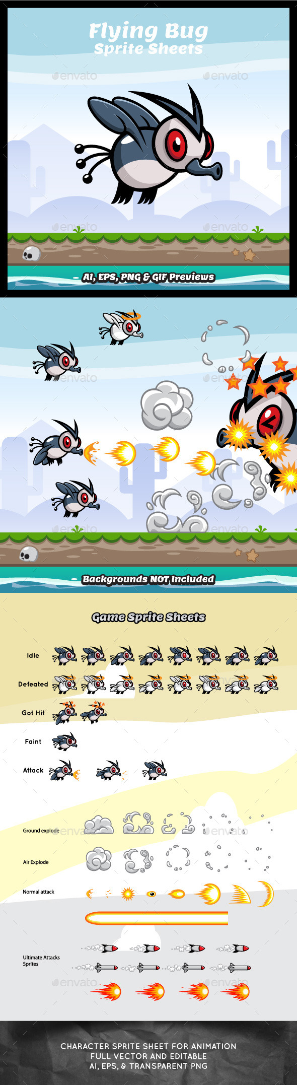 Flying Bug Game Character Sprite Sheets - Sprites Game Assets