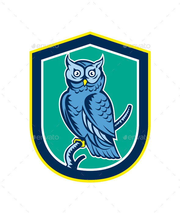 Great Horned Owl on Branch Shield - Animals Characters