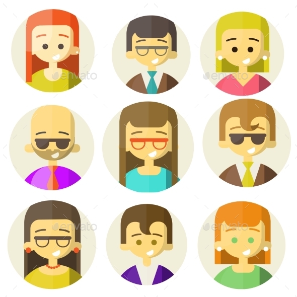 Colorful People Faces Circle Icons Set - People Characters