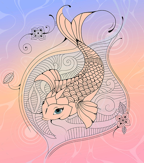 Koi Carp in a Pond Ink Illustration - Religion Conceptual