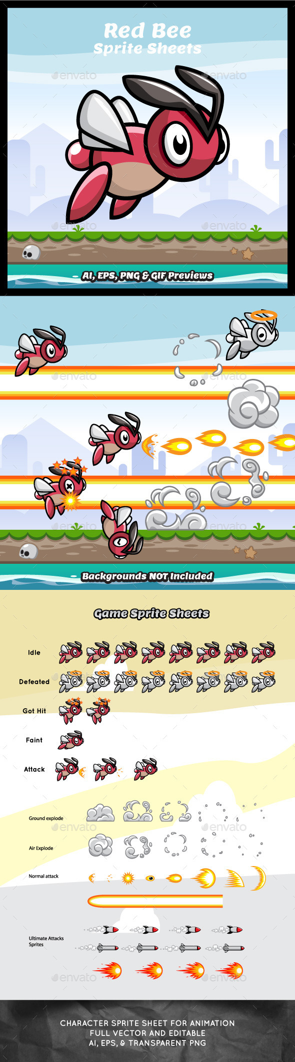 Red Bee Game Character Sprite Sheets - Sprites Game Assets