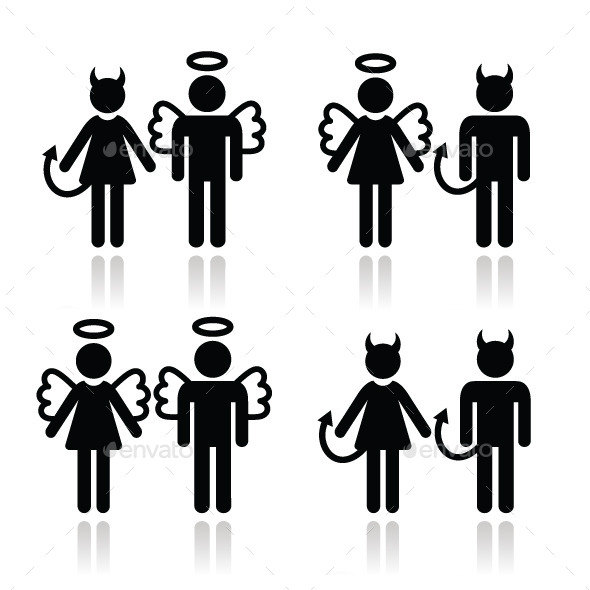 Couples Devil and Angel Man and Woman Icons Set - People Characters