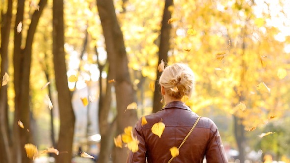 Woman Walks Under The Autumn Leaves