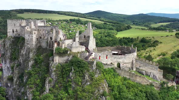 Aerial view of Beckov Castle in the village of Beckov in Slovakia alt