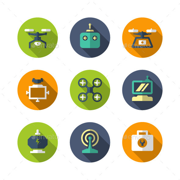 Set Flat Icons of Quadrocopter, Multicopter, Drone - Technology Icons