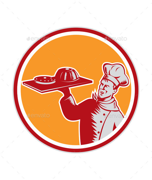 Baker Tray Food Cake Circle Woodcut - People Characters