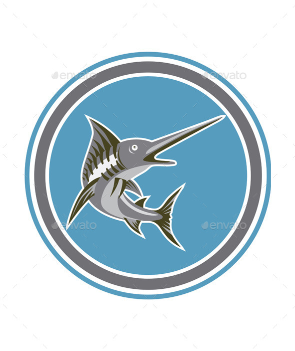 Blue Marlin Fish Jumping Circle Retro - Animals Characters