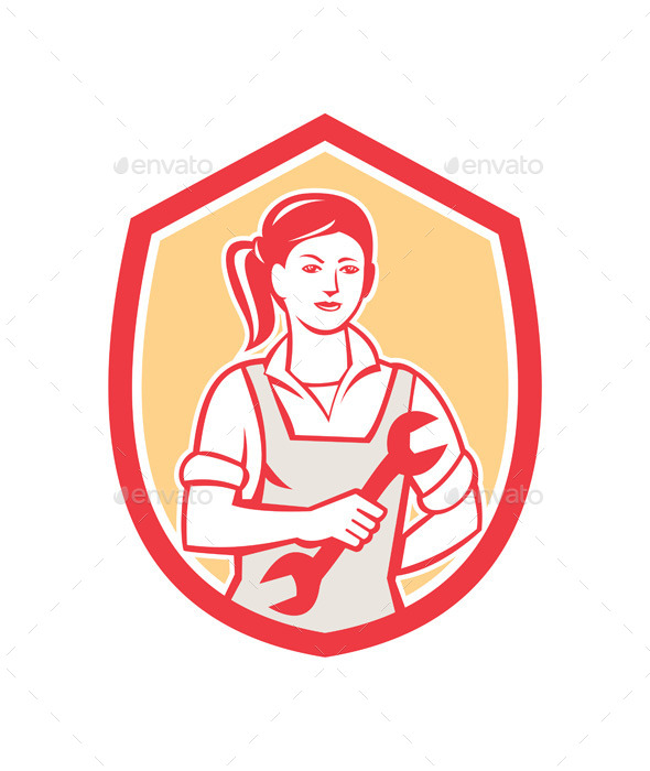 Female Mechanic Spanner Shield Retro - People Characters