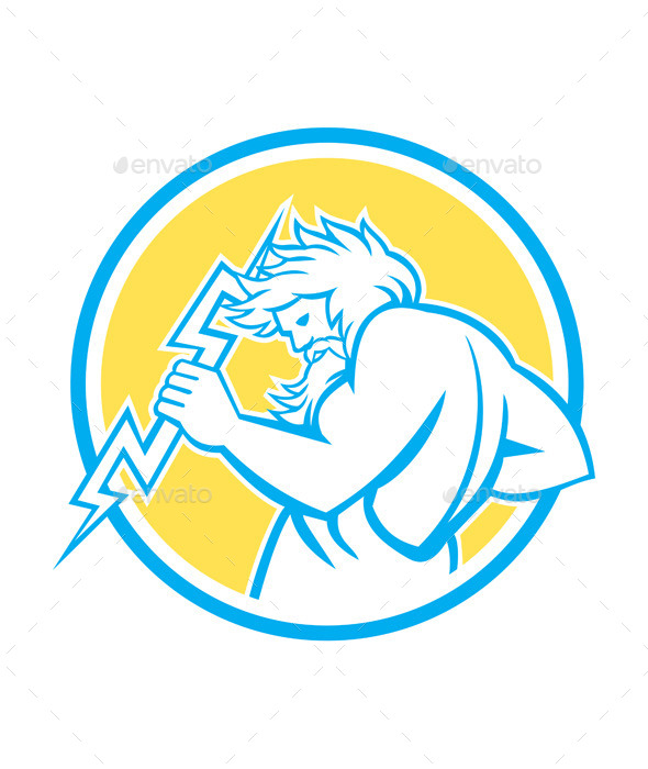 Zeus Wielding Thunderbolt Circle Retro - People Characters