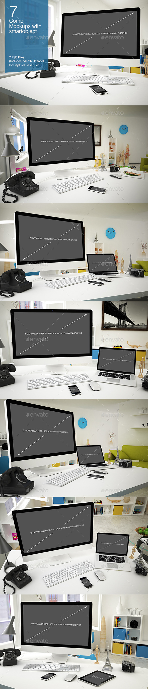 Computer Mockup 7 Poses - Multiple Displays