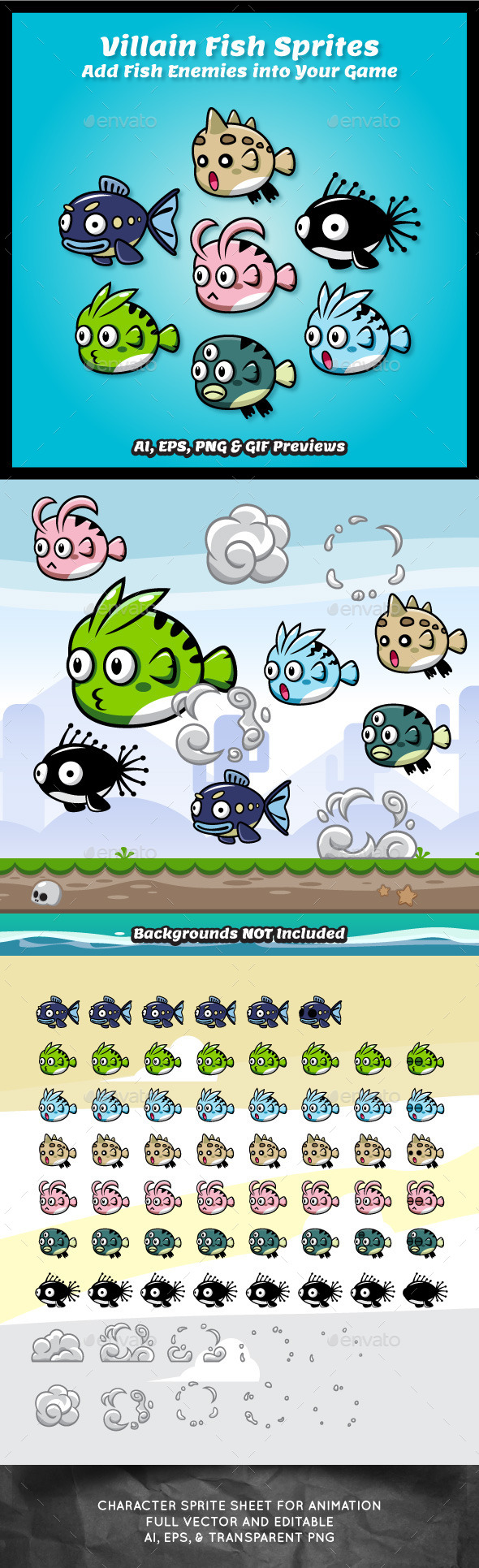 7 Villains Fish Sprite Sheets - Sprites Game Assets