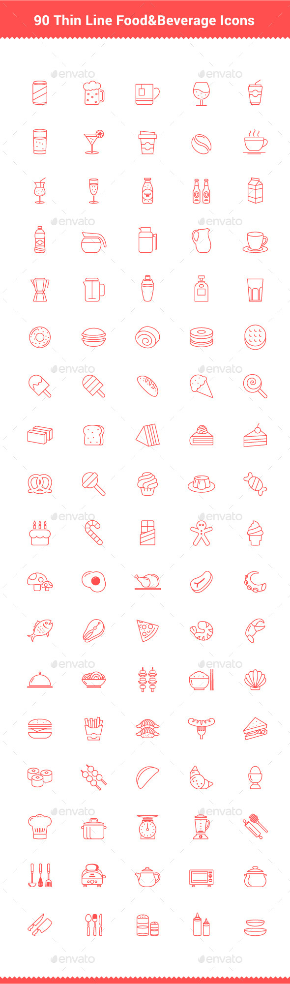 90 Thin Line Stroke Food and Beverage Icons - Food Objects