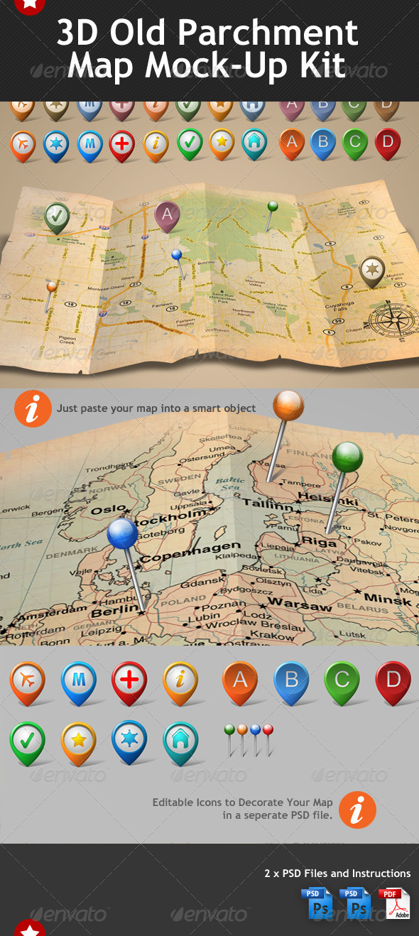 3d Old Parchment Map Mock Up Template - Miscellaneous Print
