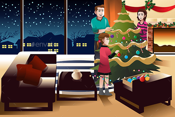 Family Decorating Christmas Tree - Christmas Seasons/Holidays