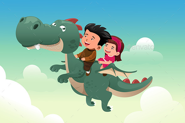 Kids riding a Dragon - People Characters
