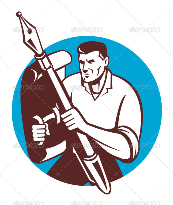 Male Writer Journalist With Pen And Paper Shield - People Characters