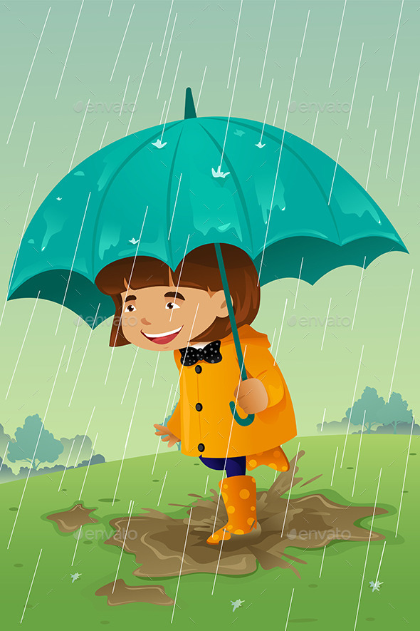 Girl with Umbrella and Raincoat Playing in the Mud - People Characters