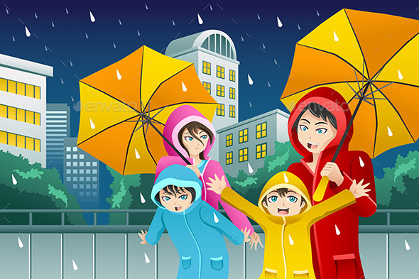Family walking with Umbrella and Wearing Raincoats - People Characters
